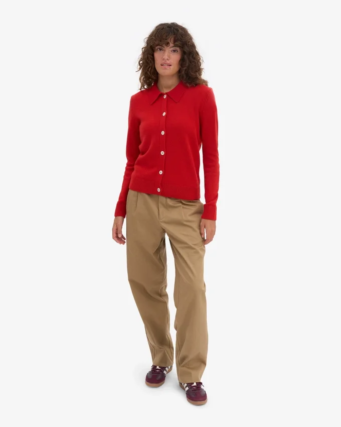 Damen-Strickjacke mit Kragen aus Merinowolle – Rot-Mandarine