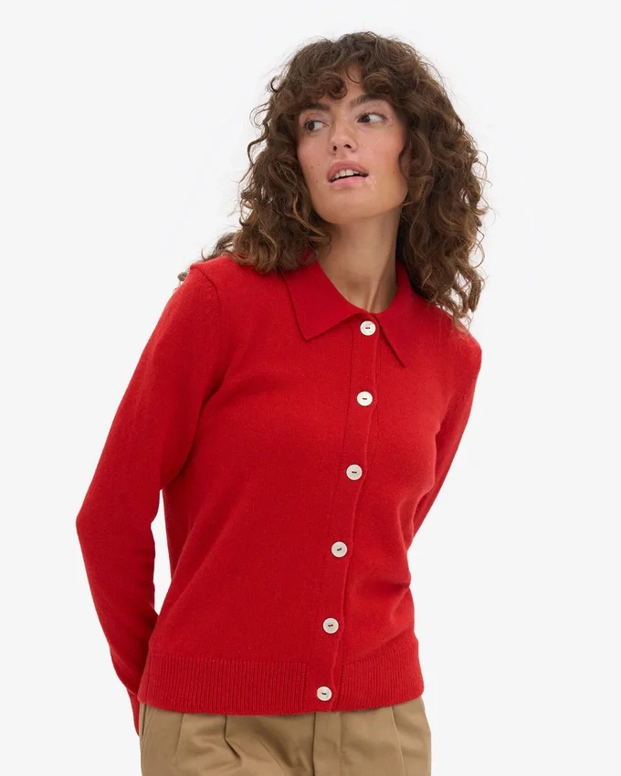 Damen-Strickjacke mit Kragen aus Merinowolle – Rot-Mandarine