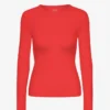 Damen-T-Shirt aus Bio-Baumwolle mit geripptem Kragen und langen Ärmeln – Red Tangerine