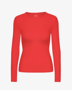 Damen-T-Shirt aus Bio-Baumwolle mit geripptem Kragen und langen Ärmeln – Red Tangerine