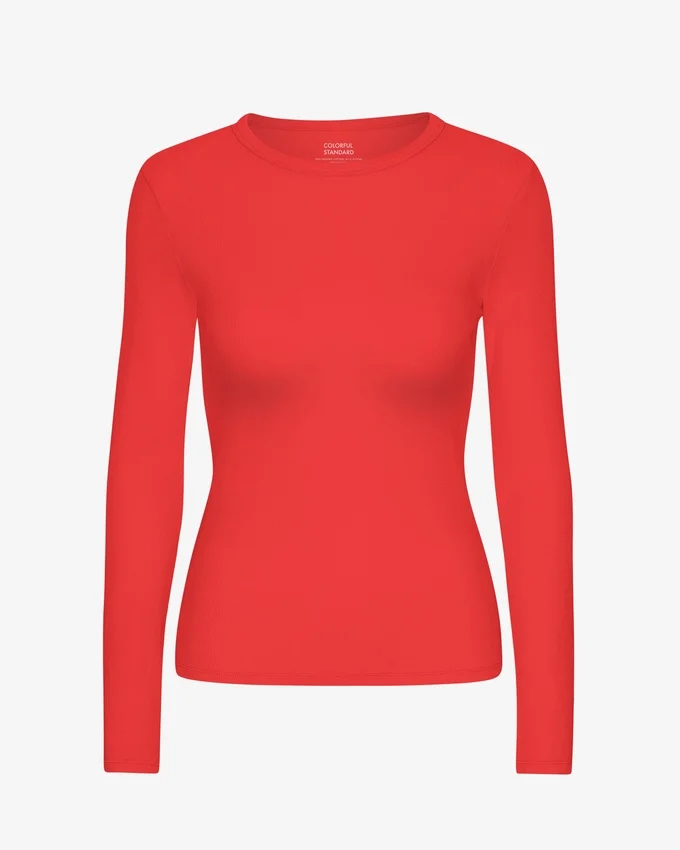 Damen-T-Shirt aus Bio-Baumwolle mit geripptem Kragen und langen Ärmeln – Red Tangerine