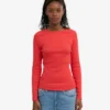 Damen-T-Shirt aus Bio-Baumwolle mit geripptem Kragen und langen Ärmeln – Red Tangerine