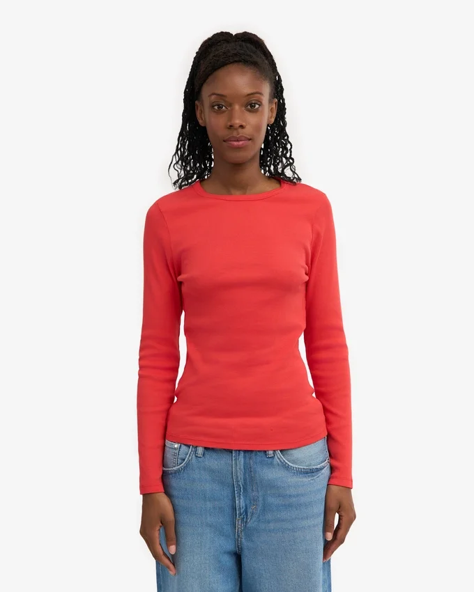 Damen-T-Shirt aus Bio-Baumwolle mit geripptem Kragen und langen Ärmeln – Red Tangerine