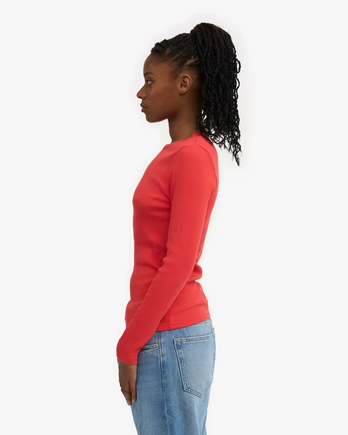 Damen-T-Shirt aus Bio-Baumwolle mit geripptem Kragen und langen Ärmeln – Red Tangerine