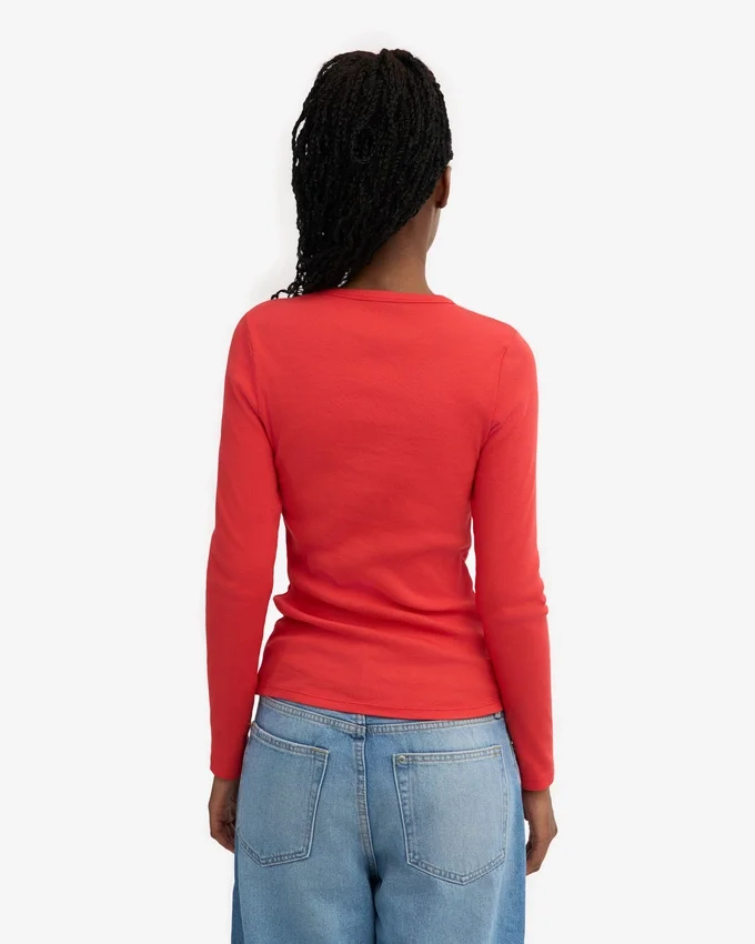 Damen-T-Shirt aus Bio-Baumwolle mit geripptem Kragen und langen Ärmeln – Red Tangerine