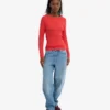 Damen-T-Shirt aus Bio-Baumwolle mit geripptem Kragen und langen Ärmeln – Red Tangerine