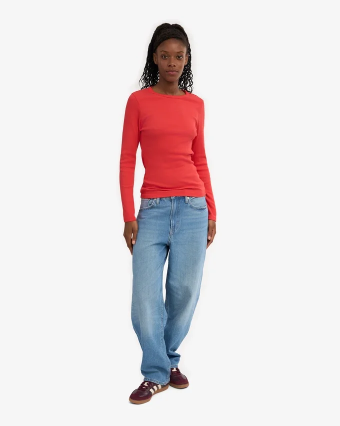 Damen-T-Shirt aus Bio-Baumwolle mit geripptem Kragen und langen Ärmeln – Red Tangerine