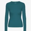 Damen-T-Shirt aus Bio-Baumwolle mit geripptem Saum und langen Ärmeln – Ozeangrün