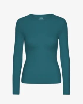 Damen-T-Shirt aus Bio-Baumwolle mit geripptem Saum und langen Ärmeln – Ozeangrün