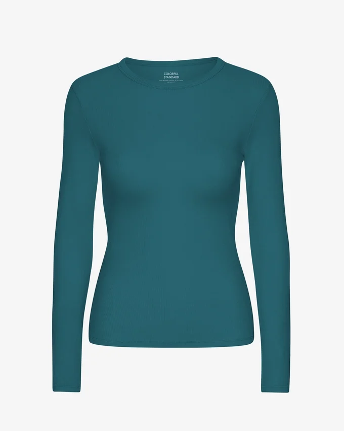 Damen-T-Shirt aus Bio-Baumwolle mit geripptem Saum und langen Ärmeln – Ozeangrün