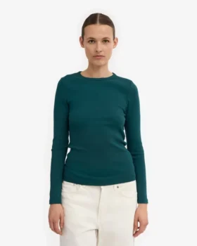 Damen-T-Shirt aus Bio-Baumwolle mit geripptem Saum und langen Ärmeln – Ozeangrün