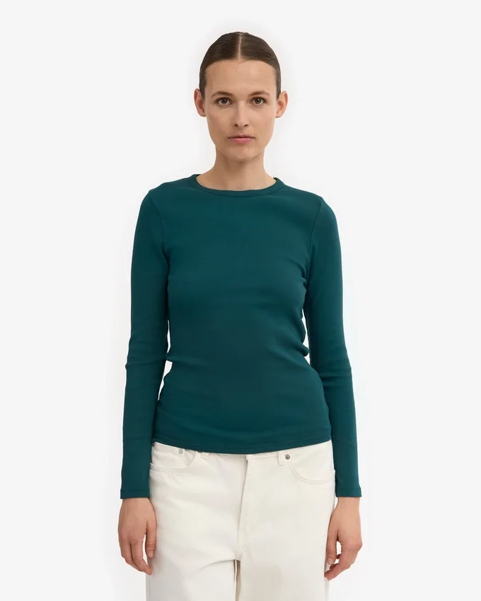 Damen-T-Shirt aus Bio-Baumwolle mit geripptem Saum und langen Ärmeln – Ozeangrün