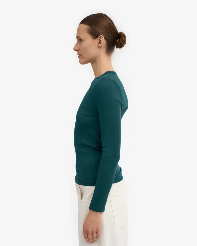 Damen-T-Shirt aus Bio-Baumwolle mit geripptem Saum und langen Ärmeln – Ozeangrün