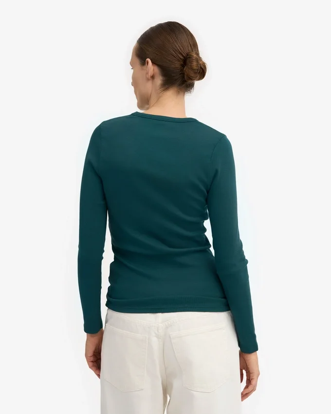 Damen-T-Shirt aus Bio-Baumwolle mit geripptem Saum und langen Ärmeln – Ozeangrün