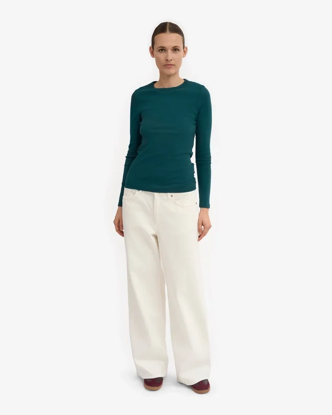 Damen-T-Shirt aus Bio-Baumwolle mit geripptem Saum und langen Ärmeln – Ozeangrün