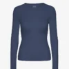 Damen-T-Shirt aus Bio-Baumwolle mit geripptem Saum und langen Ärmeln – Petrolblau