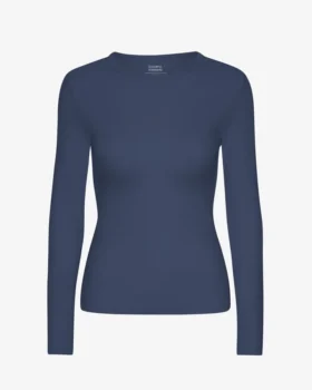 Damen-T-Shirt aus Bio-Baumwolle mit geripptem Saum und langen Ärmeln – Petrolblau