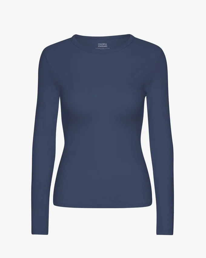 Damen-T-Shirt aus Bio-Baumwolle mit geripptem Saum und langen Ärmeln – Petrolblau