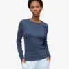 Damen-T-Shirt aus Bio-Baumwolle mit geripptem Saum und langen Ärmeln – Petrolblau