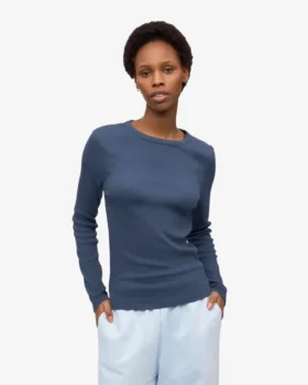 Damen-T-Shirt aus Bio-Baumwolle mit geripptem Saum und langen Ärmeln – Petrolblau