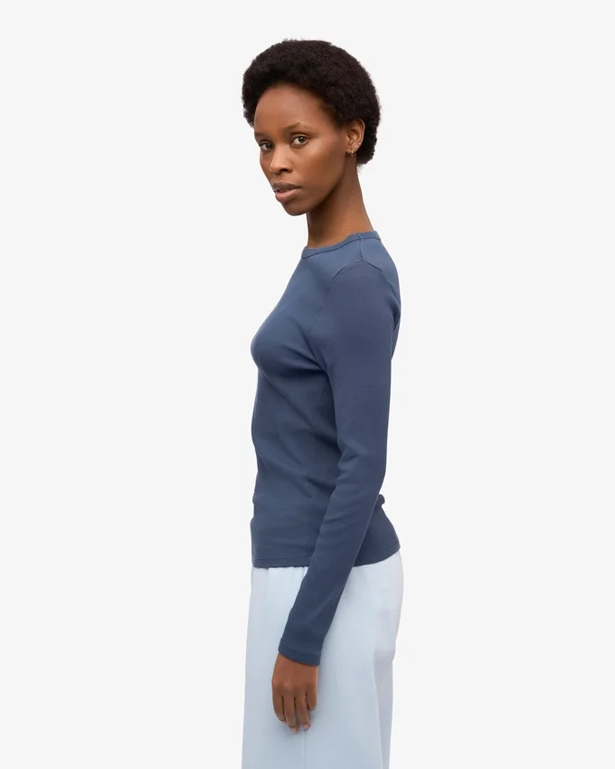Damen-T-Shirt aus Bio-Baumwolle mit geripptem Saum und langen Ärmeln – Petrolblau