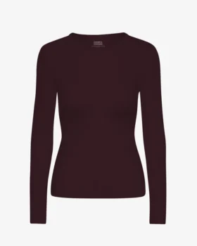 Damen-T-Shirt aus Bio-Baumwolle mit Rippbündchen und langen Ärmeln – Oxblood-Rot