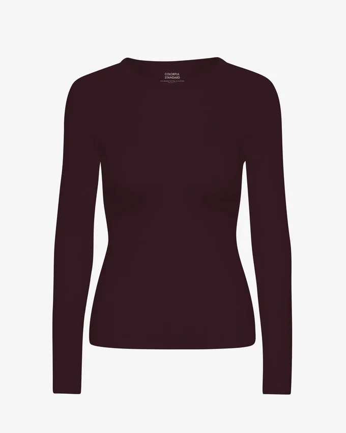 Damen-T-Shirt aus Bio-Baumwolle mit Rippbündchen und langen Ärmeln – Oxblood-Rot
