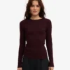 Damen-T-Shirt aus Bio-Baumwolle mit Rippbündchen und langen Ärmeln – Oxblood-Rot