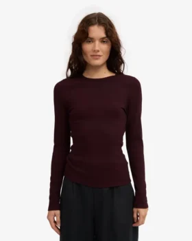 Damen-T-Shirt aus Bio-Baumwolle mit Rippbündchen und langen Ärmeln – Oxblood-Rot