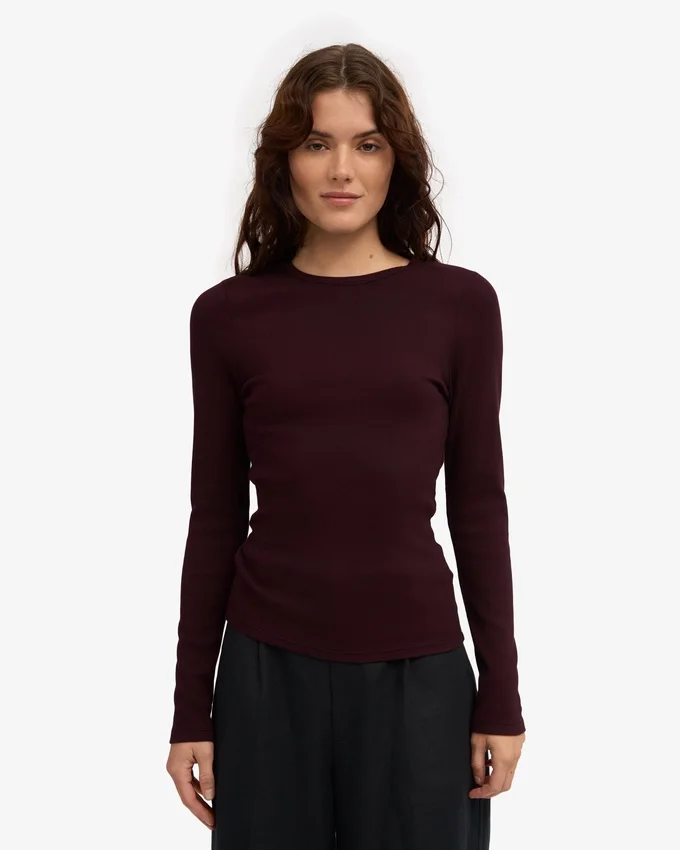 Damen-T-Shirt aus Bio-Baumwolle mit Rippbündchen und langen Ärmeln – Oxblood-Rot