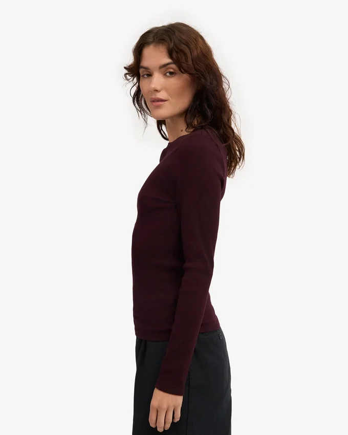 Damen-T-Shirt aus Bio-Baumwolle mit Rippbündchen und langen Ärmeln – Oxblood-Rot