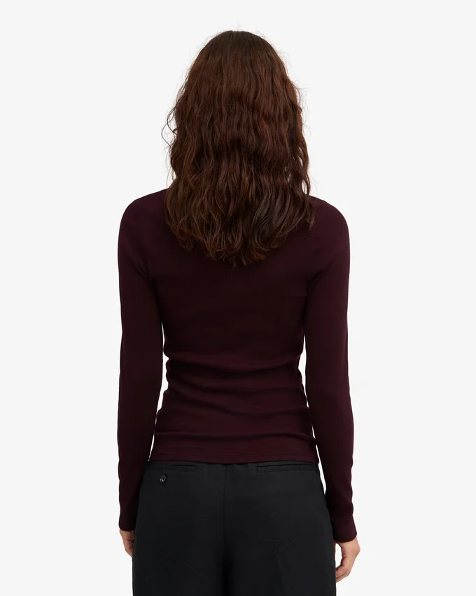Damen-T-Shirt aus Bio-Baumwolle mit Rippbündchen und langen Ärmeln – Oxblood-Rot