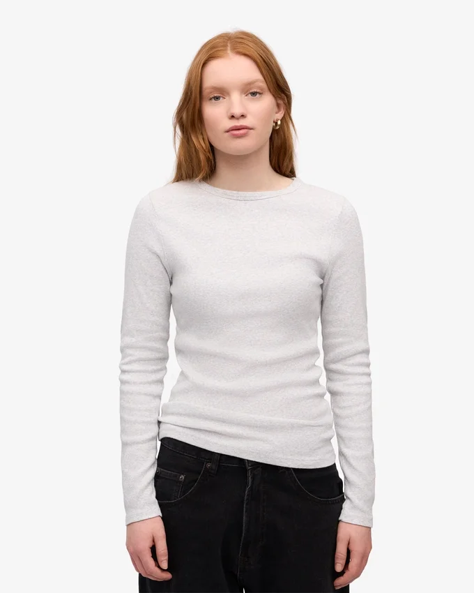 Damen-T-Shirt aus Bio-Baumwolle mit Rippbündchen und langen Ärmeln – Snow Melange