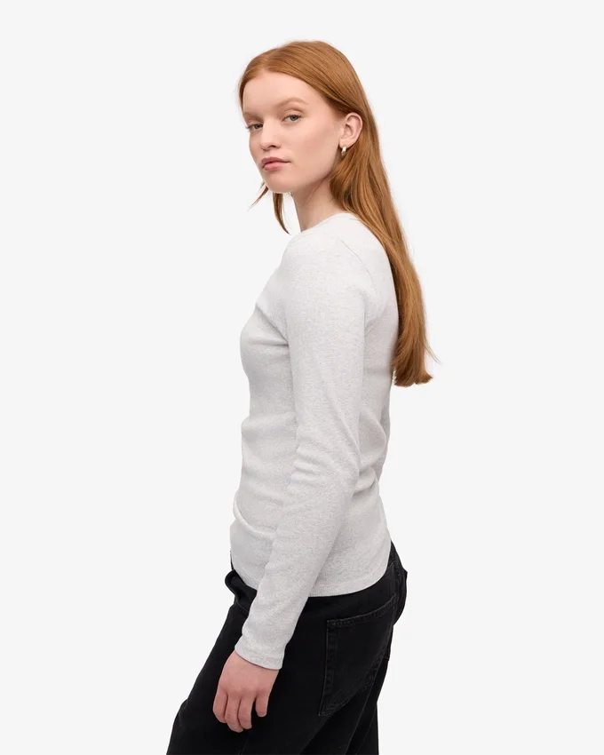 Damen-T-Shirt aus Bio-Baumwolle mit Rippbündchen und langen Ärmeln – Snow Melange