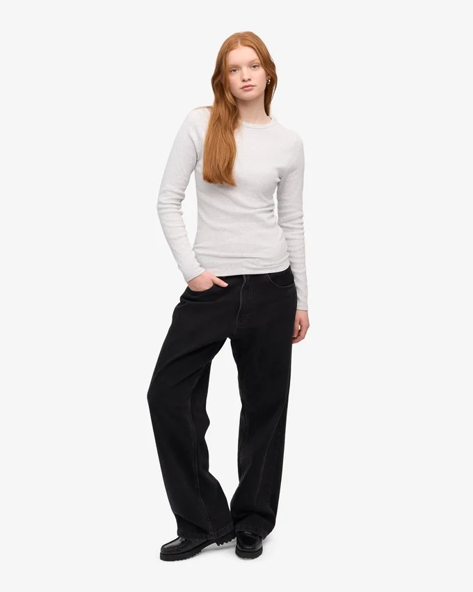 Damen-T-Shirt aus Bio-Baumwolle mit Rippbündchen und langen Ärmeln – Snow Melange