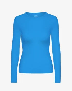Damen-T-Shirt aus Bio-Baumwolle mit Rippstrick und langen Ärmeln – Pazifikblau