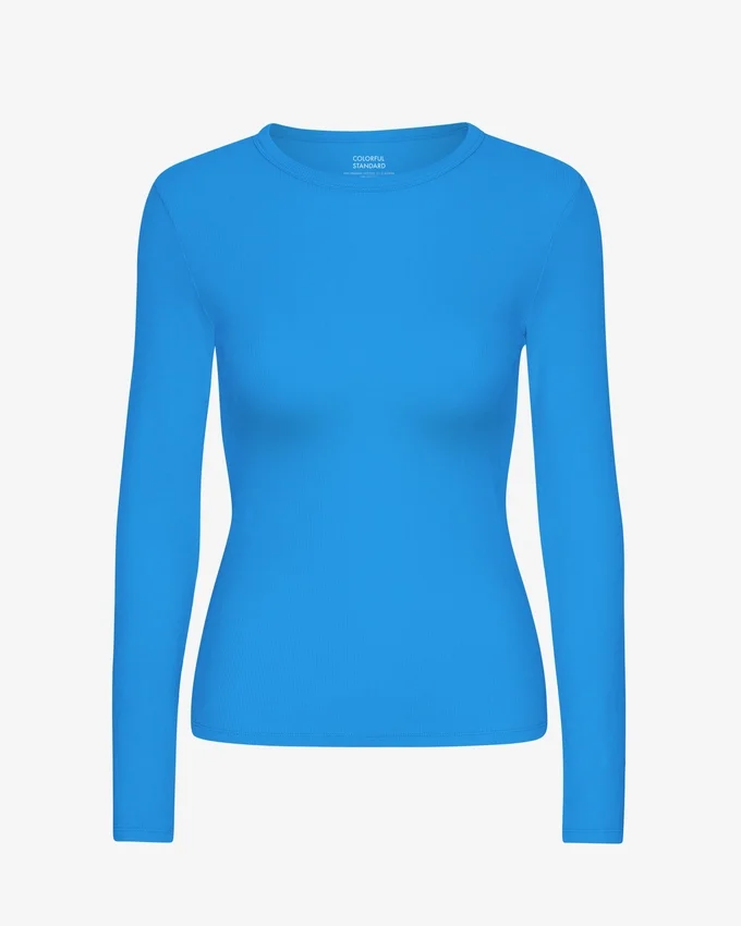 Damen-T-Shirt aus Bio-Baumwolle mit Rippstrick und langen Ärmeln – Pazifikblau