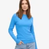 Damen-T-Shirt aus Bio-Baumwolle mit Rippstrick und langen Ärmeln – Pazifikblau