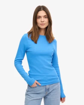Damen-T-Shirt aus Bio-Baumwolle mit Rippstrick und langen Ärmeln – Pazifikblau