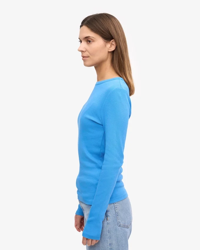 Damen-T-Shirt aus Bio-Baumwolle mit Rippstrick und langen Ärmeln – Pazifikblau