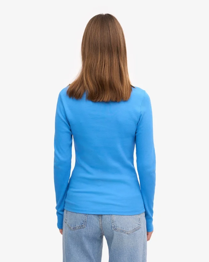 Damen-T-Shirt aus Bio-Baumwolle mit Rippstrick und langen Ärmeln – Pazifikblau