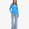 Damen-T-Shirt aus Bio-Baumwolle mit Rippstrick und langen Ärmeln – Pazifikblau