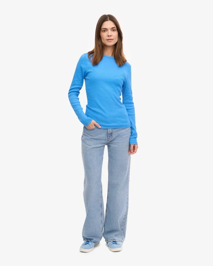 Damen-T-Shirt aus Bio-Baumwolle mit Rippstrick und langen Ärmeln – Pazifikblau