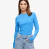 Damen-T-Shirt aus Bio-Baumwolle mit Rippstrick und langen Ärmeln – Pazifikblau