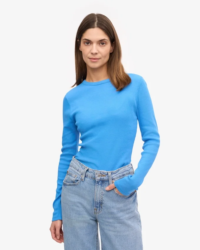 Damen-T-Shirt aus Bio-Baumwolle mit Rippstrick und langen Ärmeln – Pazifikblau
