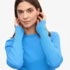 Damen-T-Shirt aus Bio-Baumwolle mit Rippstrick und langen Ärmeln – Pazifikblau