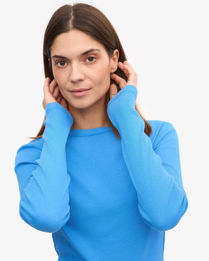 Damen-T-Shirt aus Bio-Baumwolle mit Rippstrick und langen Ärmeln – Pazifikblau