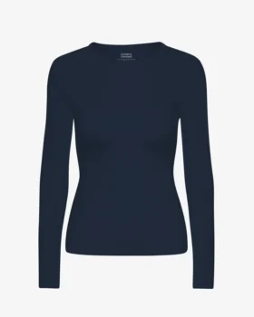 Damen-T-Shirt aus Bio-Rippstoff mit langem Arm – Marineblau