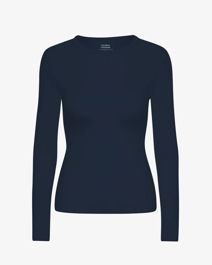 Damen-T-Shirt aus Bio-Rippstoff mit langem Arm – Marineblau