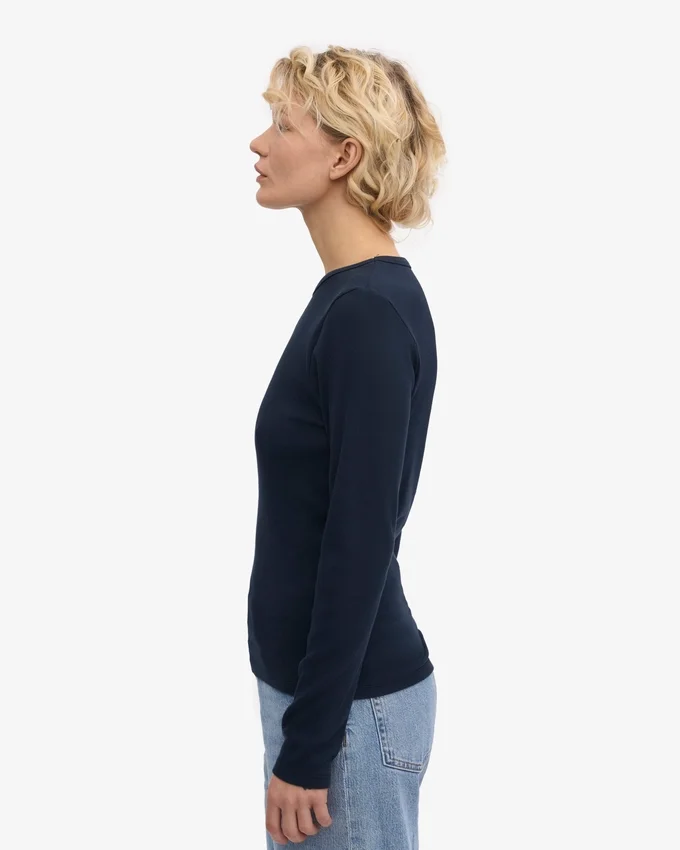 Damen-T-Shirt aus Bio-Rippstoff mit langem Arm – Marineblau